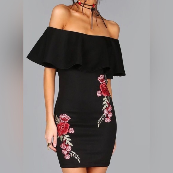 Embroidered Rose Applique Off Shoulder Ruffle Dress - Picture 2 of 2